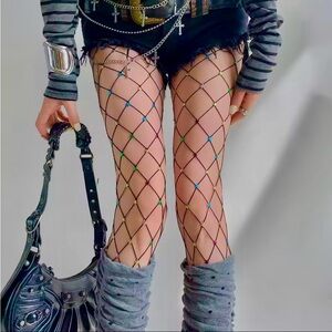 Multicolor Crystal rhinestone stockings BLACK big fishnet tights bling sexy rare